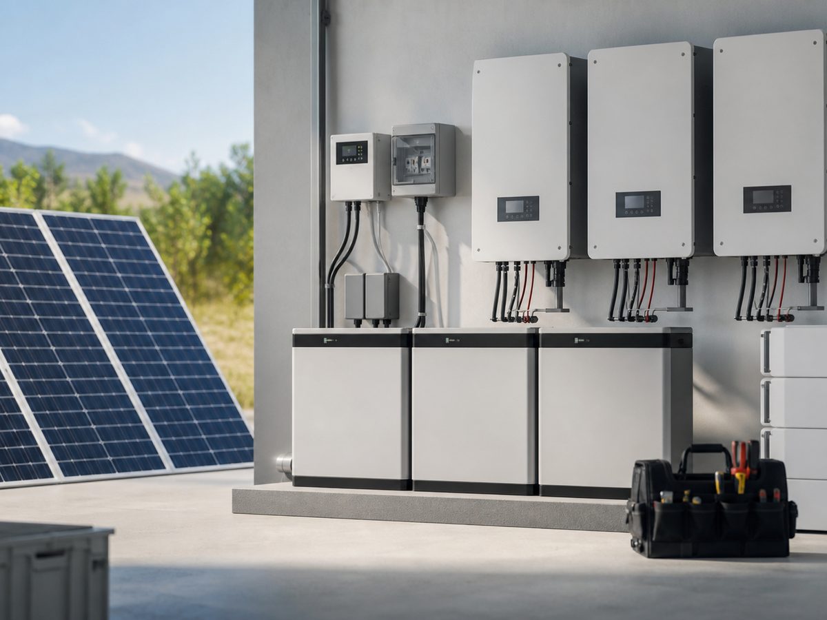 Solar panels, inverter, and battery equipment ready for system planning