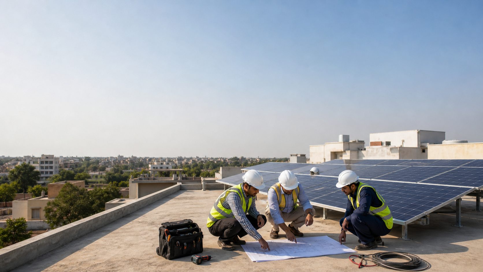 Solar installation team reviewing equipment and site plan