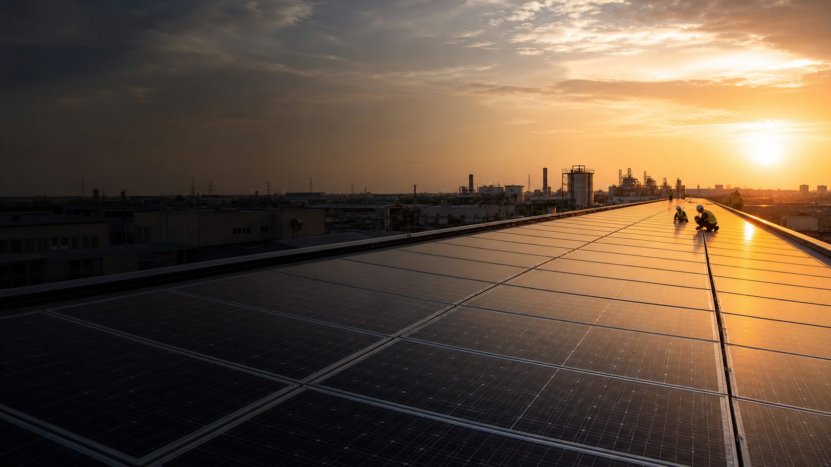 Solar installer reviewing rooftop panels and system equipment