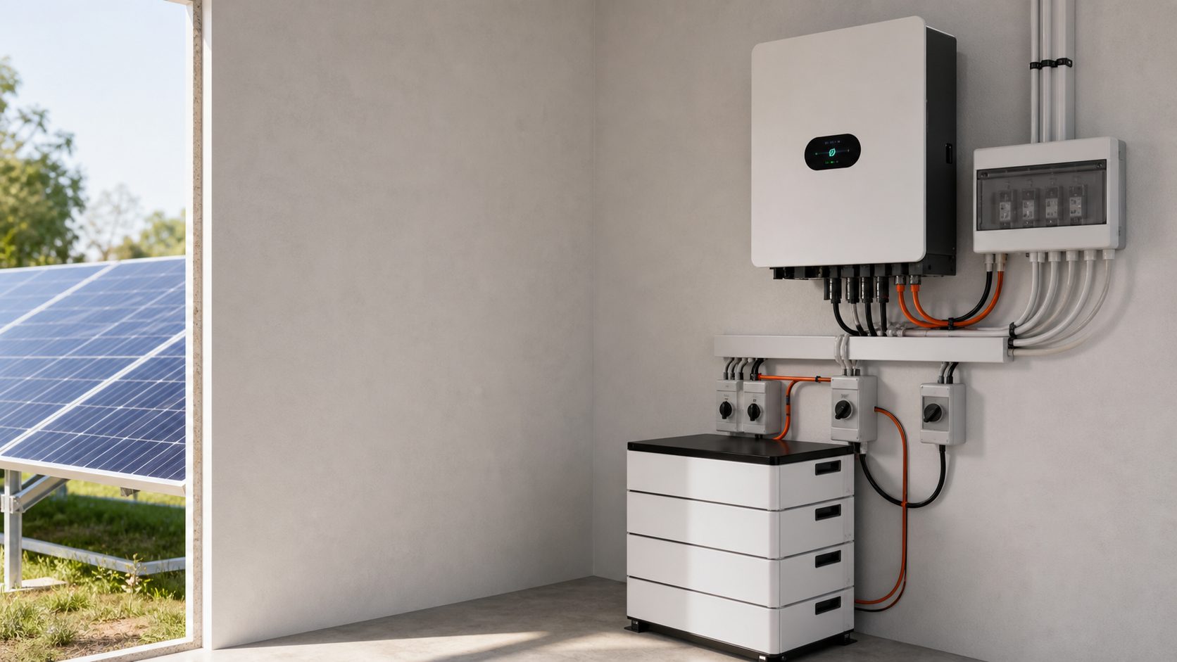Solar panels, inverters, and batteries arranged for catalog comparison