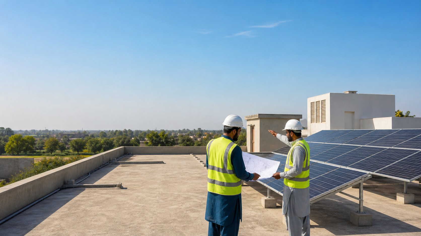 Solar service team reviewing a rooftop and equipment plan