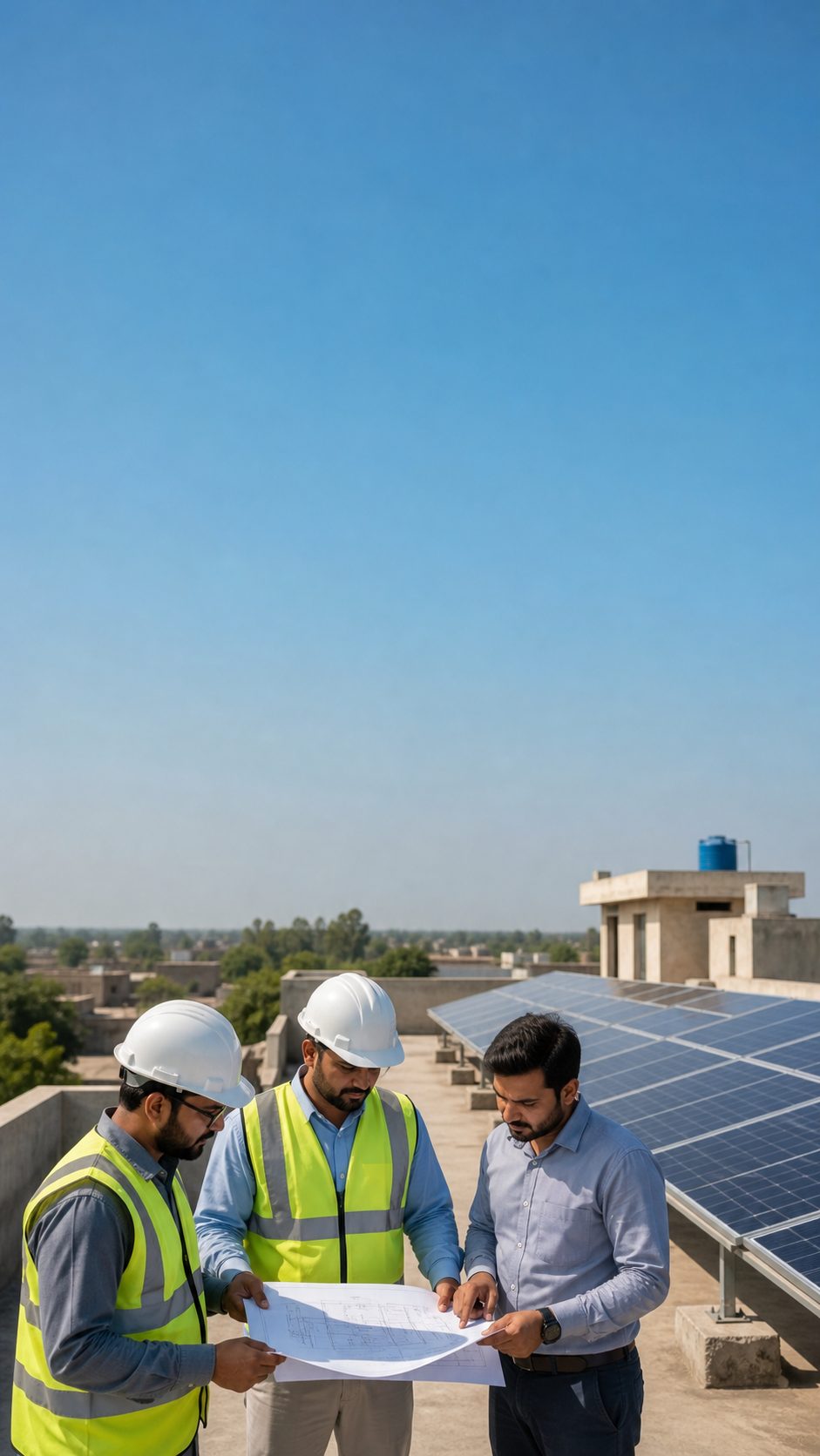 Solar installation team reviewing equipment and site plan