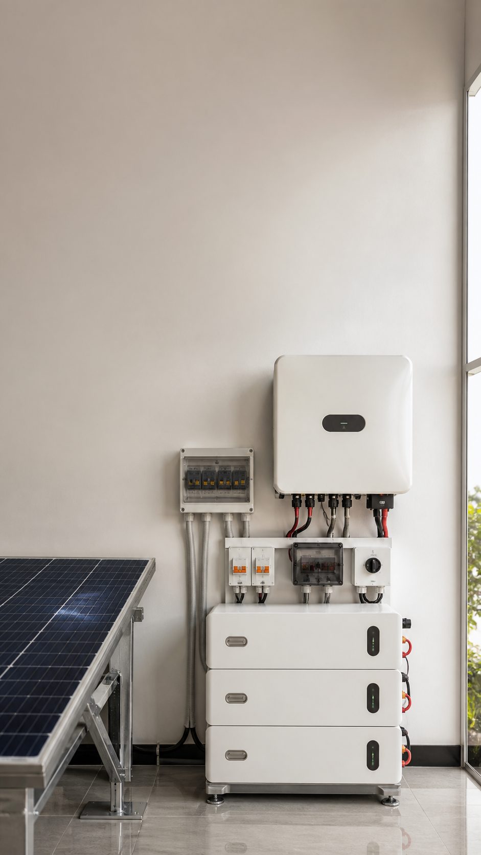 Solar panels, inverters, and batteries arranged for catalog comparison