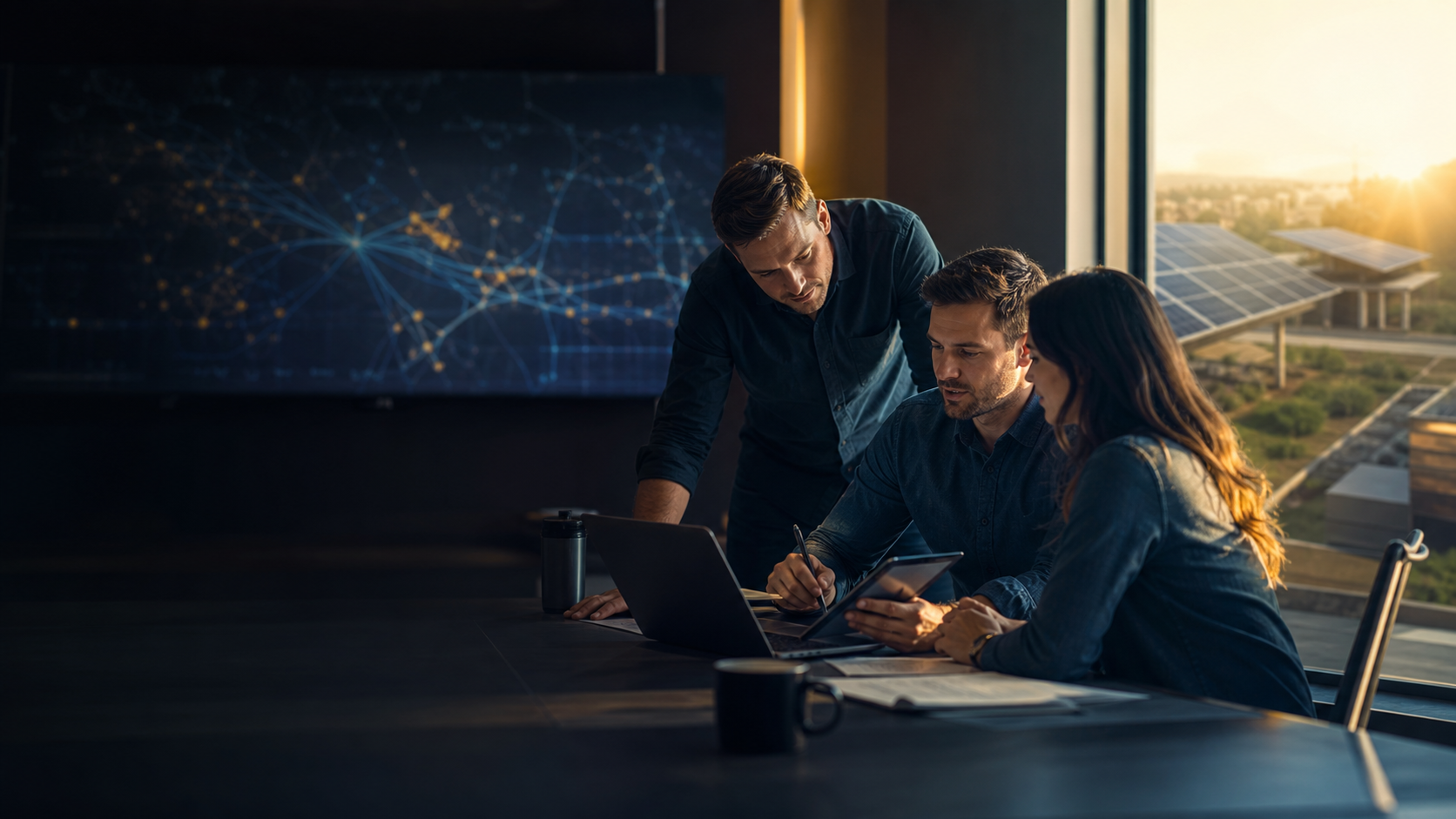 Solar company operators collaborating around digital growth tools